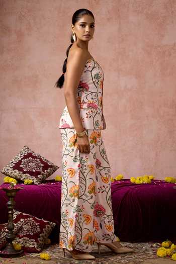 Shop_Arje India_Pink Silk, Cotton Bandeau Neck Floral Print Tube Top And Pant Set _Online_at_Aza_Fashions