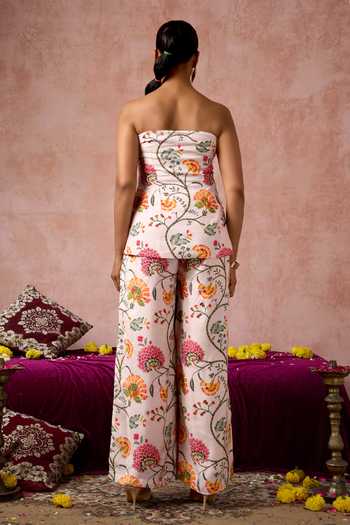 Shop_Arje India_Pink Silk, Cotton Bandeau Neck Floral Print Tube Top And Pant Set _at_Aza_Fashions