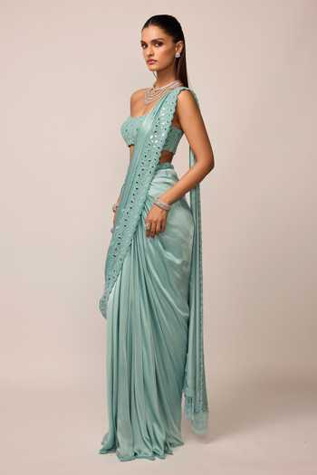 Vvani by vani vats_Blue Satin, Georgette Bandeau Neck Pre-draped Saree With Tube Blouse _Online_at_Aza_Fashions