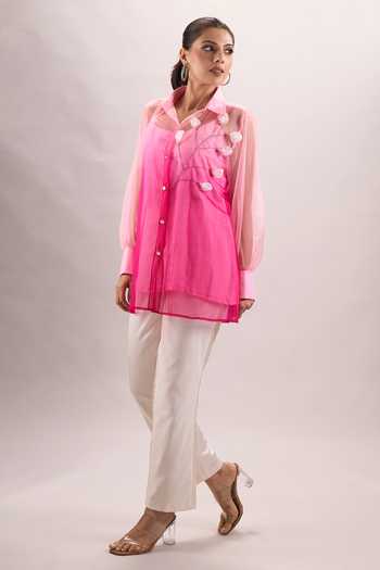 Naintara Bajaj_Pink Cotton, Organza, Silk Collared Neck Embroidered Ombre Shirt And Pant Set _Online_at_Aza_Fashions