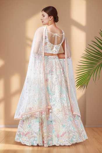 Samyukta Singhania_Cream Net, Shantoon Sequins, Embroidery, Tassels, Stones Floral Lehenga Set _Online_at_Aza_Fashions
