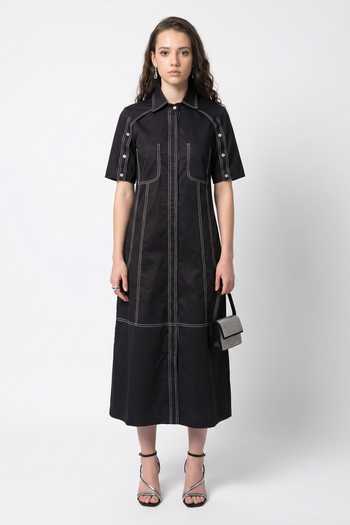 Buy_Escape By Aishwarya_Black Cotton Satin Collared Neck Silai Midi Dress _at_Aza_Fashions