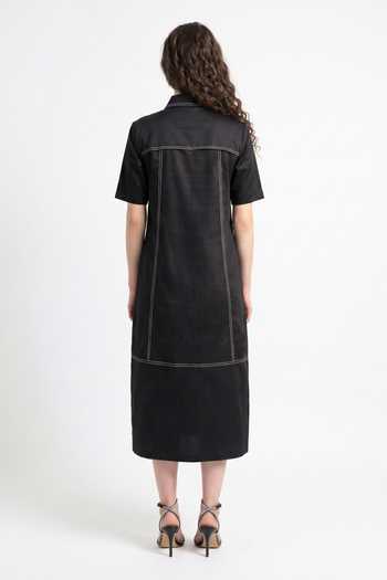 Shop_Escape By Aishwarya_Black Cotton Satin Collared Neck Silai Midi Dress _at_Aza_Fashions