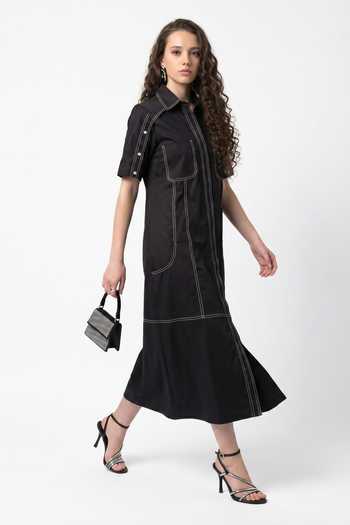 Escape By Aishwarya_Black Cotton Satin Collared Neck Silai Midi Dress _Online_at_Aza_Fashions