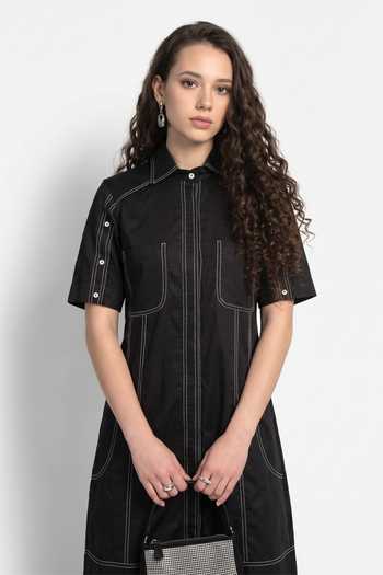 Buy_Escape By Aishwarya_Black Cotton Satin Collared Neck Silai Midi Dress _Online_at_Aza_Fashions