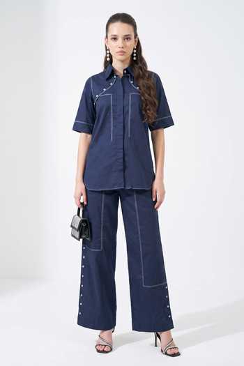 Buy_Escape By Aishwarya_Blue Cotton Satin Collared Neck Buttoned Shirt And Pant Co-ord Set _at_Aza_Fashions