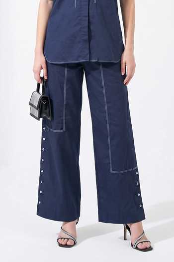 Escape By Aishwarya_Blue Cotton Satin Collared Neck Buttoned Shirt And Pant Co-ord Set _Online_at_Aza_Fashions