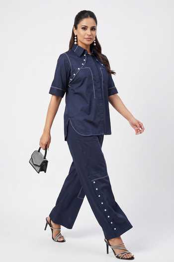 Buy_Escape By Aishwarya_Blue Cotton Satin Collared Neck Buttoned Shirt And Pant Co-ord Set _Online_at_Aza_Fashions