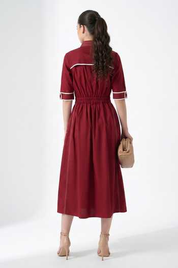 Shop_Escape By Aishwarya_Maroon Cotton Satin Collared Neck Workup Dress _at_Aza_Fashions
