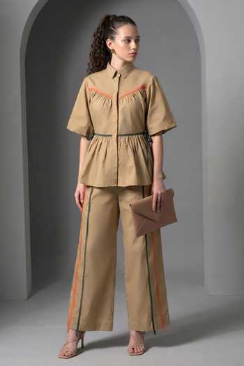 Shop_Escape By Aishwarya_Beige Cotton Satin Collared Neck Candy Frill Top And Pant Co-ord Set _at_Aza_Fashions