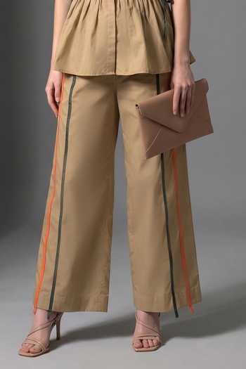 Escape By Aishwarya_Beige Cotton Satin Collared Neck Candy Frill Top And Pant Co-ord Set _Online_at_Aza_Fashions