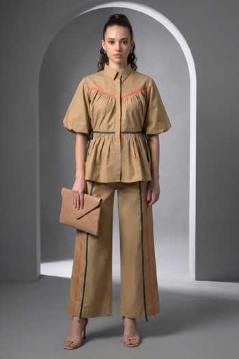 Buy_Escape By Aishwarya_Beige Cotton Satin Collared Neck Candy Frill Top And Pant Co-ord Set _at_Aza_Fashions