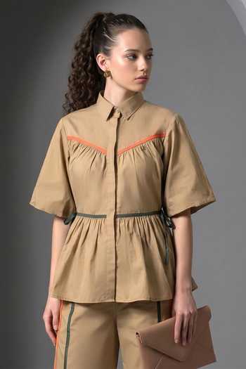 Buy_Escape By Aishwarya_Beige Cotton Satin Collared Neck Candy Frill Top And Pant Co-ord Set _Online_at_Aza_Fashions