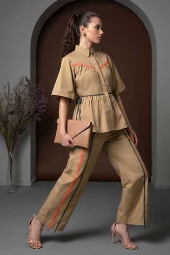 Shop_Escape By Aishwarya_Beige Cotton Satin Collared Neck Candy Frill Top And Pant Co-ord Set _Online_at_Aza_Fashions