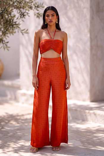 Buy_Nautanky_Orange Chiffon Bandeau , Halter , Open Golden Hour Printed Pant Set _Online_at_Aza_Fashions