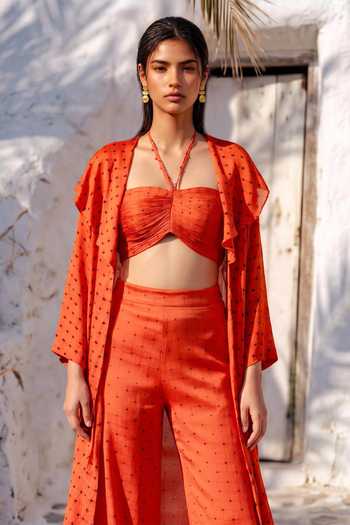 Shop_Nautanky_Orange Chiffon Bandeau , Halter , Open Golden Hour Printed Pant Set _Online_at_Aza_Fashions