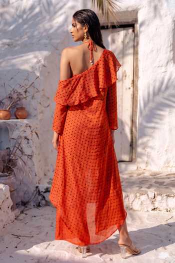 Shop_Nautanky_Orange Chiffon Bandeau , Halter , Open Golden Hour Printed Pant Set _at_Aza_Fashions
