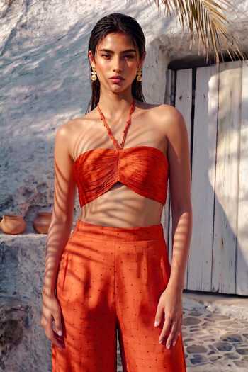 Nautanky_Orange Chiffon Bandeau , Halter , Open Golden Hour Printed Pant Set _at_Aza_Fashions