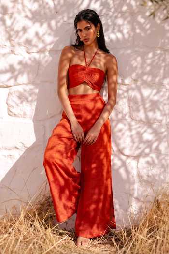 Buy_Nautanky_Orange Chiffon Bandeau , Halter , Open Golden Hour Printed Pant Set 