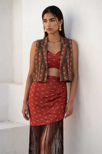 Buy_Nautanky_Multicolor Crepe V-, Collared Dancing Fringe Printed Skirt Set _Online_at_Aza_Fashions