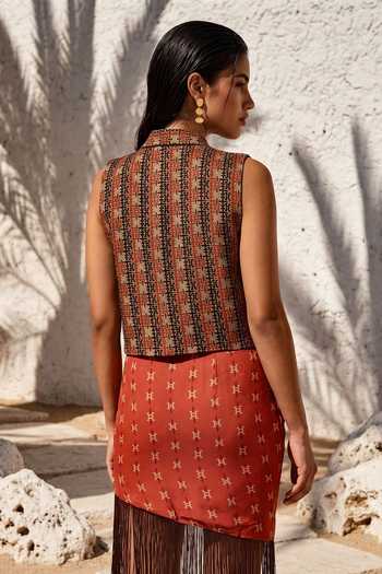 Shop_Nautanky_Multicolor Crepe V-, Collared Dancing Fringe Printed Skirt Set _at_Aza_Fashions