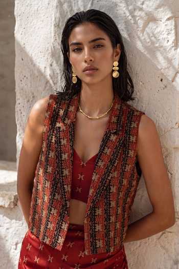 Nautanky_Multicolor Crepe V-, Collared Dancing Fringe Printed Skirt Set _at_Aza_Fashions
