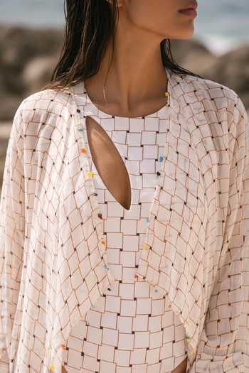 Nautanky_Ivory Neoprene Open Neck, Keyhole Sandy Toes Printed Monokini And Cover Up Set _at_Aza_Fashions