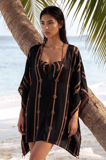 Buy_Nautanky_Black Crepe, Neoprene Beads Open Neck, Printed Monokini And Cover-up Set _at_Aza_Fashions