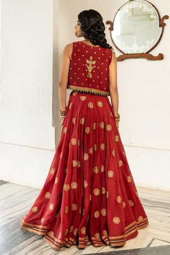 Shop_Nimbu Mirchi_Red Chanderi Scoop , Open Alia Embroidered Jacket Lehenga Set _at_Aza_Fashions