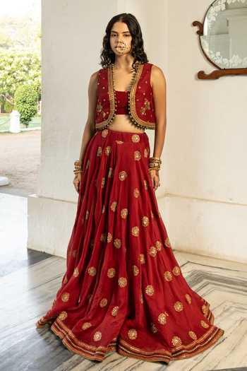 Nimbu Mirchi_Red Chanderi Scoop , Open Alia Embroidered Jacket Lehenga Set _Online_at_Aza_Fashions