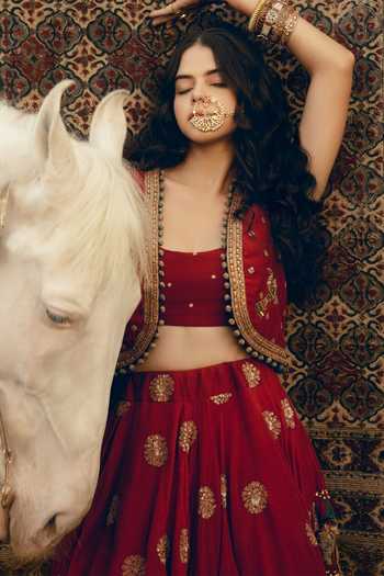 Shop_Nimbu Mirchi_Red Chanderi Scoop , Open Alia Embroidered Jacket Lehenga Set _Online_at_Aza_Fashions