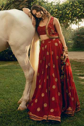 Nimbu Mirchi_Red Chanderi Scoop , Open Alia Embroidered Jacket Lehenga Set _at_Aza_Fashions