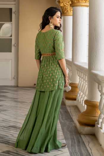 Shop_Nimbu Mirchi_Green Chanderi V-neck, Yes Ragini Embroidered Peplum Kurta With Palazzo _at_Aza_Fashions