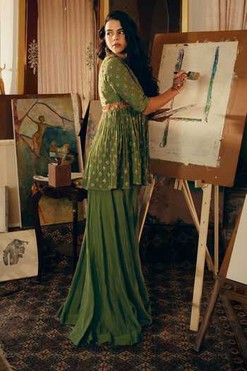 Shop_Nimbu Mirchi_Green Chanderi V-neck, Yes Ragini Embroidered Peplum Kurta With Palazzo _Online_at_Aza_Fashions