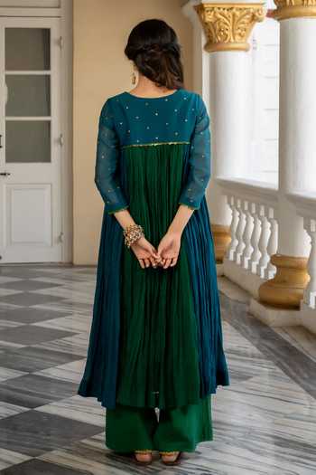 Shop_Nimbu Mirchi_Green Chanderi, Silk, Viscose Split V-neck Tahira Embroidered Kurta Set _at_Aza_Fashions