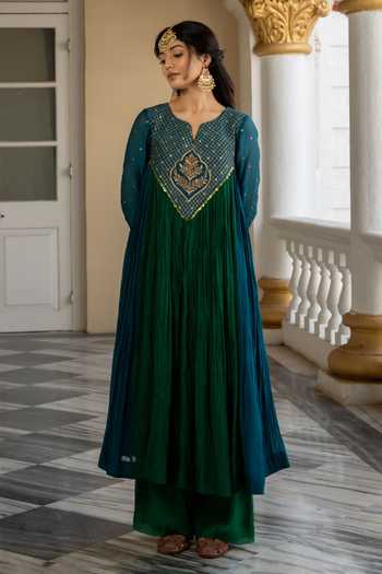 Shop_Nimbu Mirchi_Green Chanderi, Silk, Viscose Split V-neck Tahira Embroidered Kurta Set _Online_at_Aza_Fashions