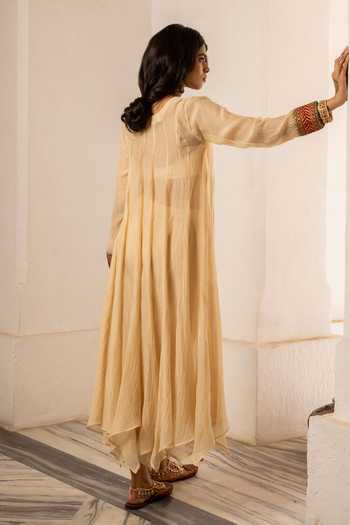 Shop_Nimbu Mirchi_Beige Chanderi, Silk, Viscose Round Neck, Zainab Embroidered Kurta And Pant Set _at_Aza_Fashions