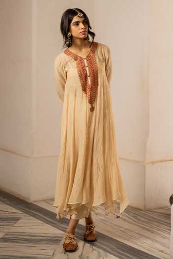 Shop_Nimbu Mirchi_Beige Chanderi, Silk, Viscose Round Neck, Zainab Embroidered Kurta And Pant Set _Online_at_Aza_Fashions