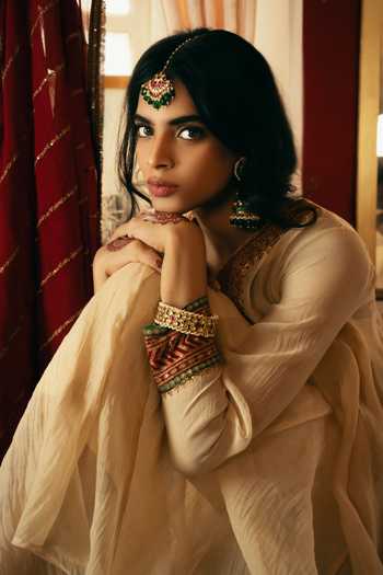 Nimbu Mirchi_Beige Chanderi, Silk, Viscose Round Neck, Zainab Embroidered Kurta And Pant Set _at_Aza_Fashions