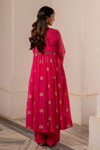 Shop_Nimbu Mirchi_Magenta Chanderi V-neck Taha Embroidered Anarkali And Pant Set _at_Aza_Fashions