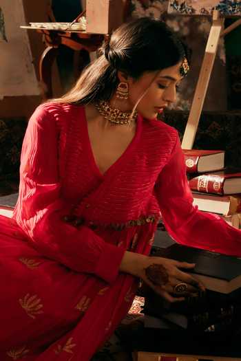 Shop_Nimbu Mirchi_Magenta Chanderi V-neck Taha Embroidered Anarkali And Pant Set _Online_at_Aza_Fashions