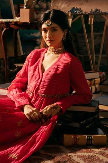 Nimbu Mirchi_Magenta Chanderi V-neck Taha Embroidered Anarkali And Pant Set _at_Aza_Fashions