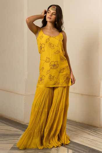 Buy_Nimbu Mirchi_Yellow Chanderi Scoop Neck Iqra Embroidered Kurta Sharara Set _Online_at_Aza_Fashions