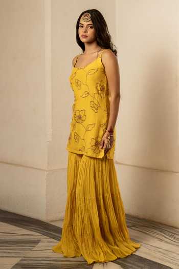 Shop_Nimbu Mirchi_Yellow Chanderi Scoop Neck Iqra Embroidered Kurta Sharara Set _Online_at_Aza_Fashions