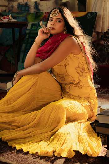 Nimbu Mirchi_Yellow Chanderi Scoop Neck Iqra Embroidered Kurta Sharara Set _Online