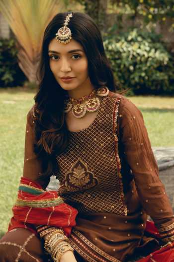 Shop_Nimbu Mirchi_Brown Chanderi Round Neck Sanaa Embroidered Kurta Set _Online_at_Aza_Fashions