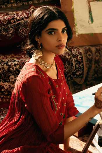 Shop_Nimbu Mirchi_Red Chanderi, Viscose, Silk Notched Neck Amani Embroidered Kurta Set _Online_at_Aza_Fashions