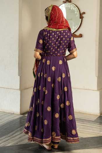 Shop_Nimbu Mirchi_Purple Chanderi Round Neck Naaz Embroidered Jacket And Anarkali Set _at_Aza_Fashions