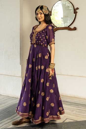 Nimbu Mirchi_Purple Chanderi Round Neck Naaz Embroidered Jacket And Anarkali Set _Online_at_Aza_Fashions