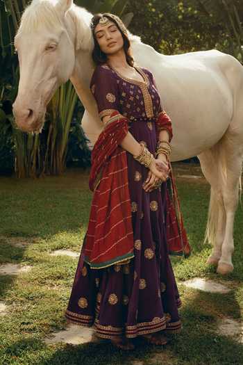 Nimbu Mirchi_Purple Chanderi Round Neck Naaz Embroidered Jacket And Anarkali Set _at_Aza_Fashions